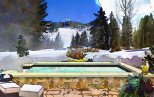 Rendering photo of a steaming hot tub with snow covered pine trees in the background.