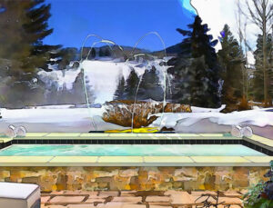 Rendering of a pool with snowy mountains in the background.