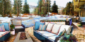 Watercolor paining of an outdoor seating and fire pit surrounded by snow and pine trees.