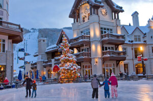 Vail ice skating rink with holiday tree in the background