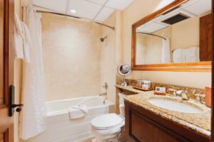 guest bathroom with amenities at the Tivoli Lodge Vail Colorado