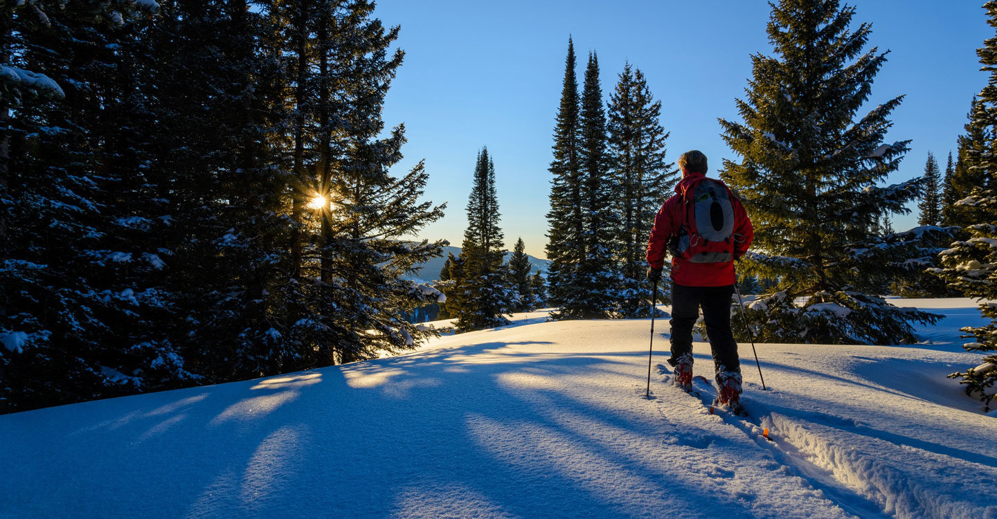 male cross country skier enjoys a sunrise trek Tivoli Lodge Vail Colorado