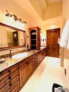 large bathroom with amenities in the penthouse suite at the Tivoli Lodge Vail Colorado