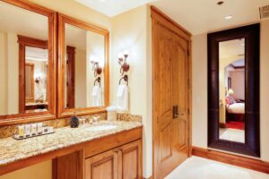Seibert suite features large bathroom in Colorado style Tivoli Lodge Vail Colorado