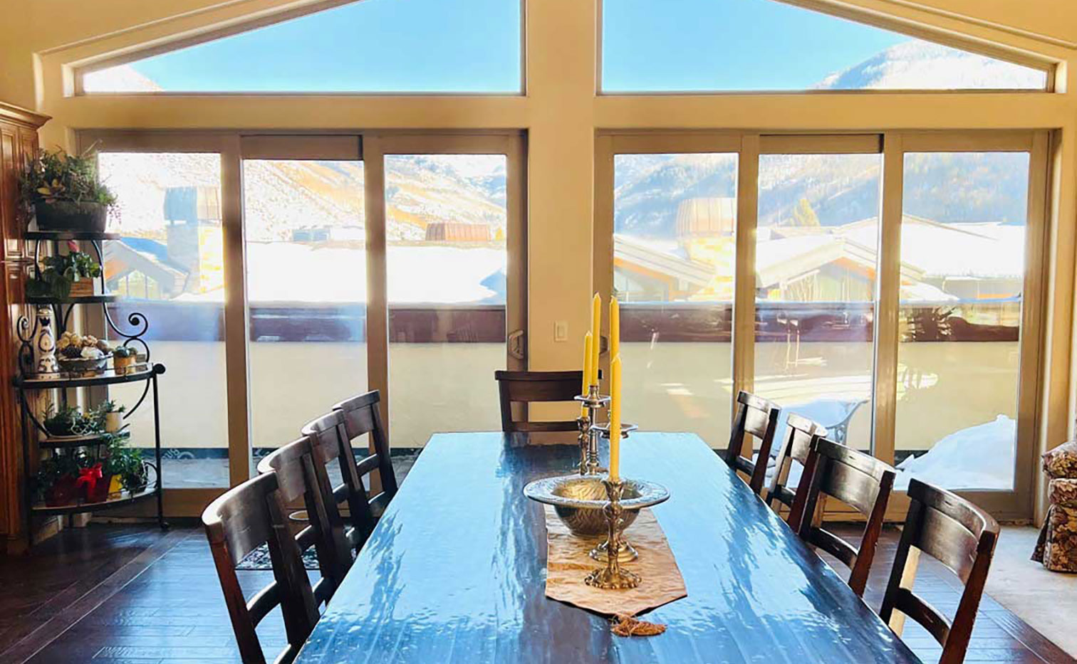dining room table and view from the penthouse suite Tivoli Lodge Vail Colorado