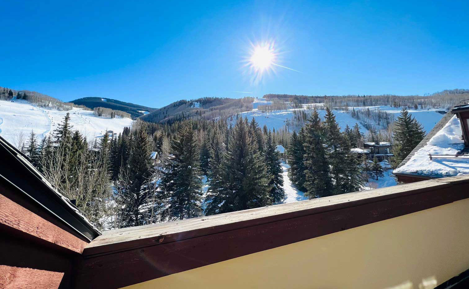 balcony view from the penthouse on a sunny winter day Tivoli Lodge Vail Colorado