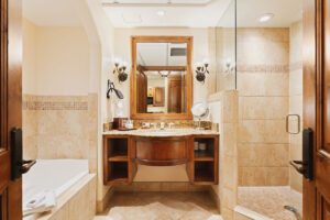 guest room bathroom with modern finishes Tivoli Lodge Vail Colorado