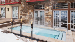 full view of hot tub, popular amenity at Tivoli Lodge Vail Colorado